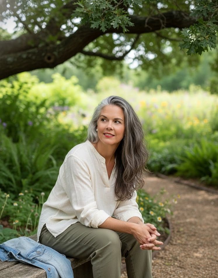 6130EC15-AB50-4265-BF3F-C7F50860F681_1_105_c Leslie Moody sitting in thought surrounded by greenery